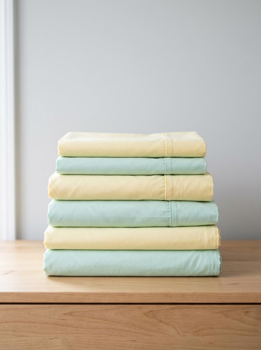 Une pile de draps d'enfant fraîchement lavés et pliés dans des tons pastel, posée sur une commode en bois clair.