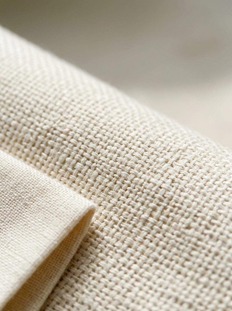 Une vue macro de la texture d'un tissu en percale de coton, montrant le tissage serré et durable des fibres.