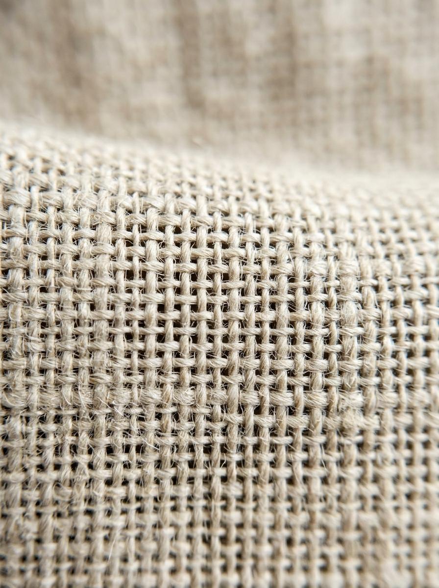 Gros plan sur la texture d'un tissu en lin, montrant le tissage lâche qui suggère la respirabilité.