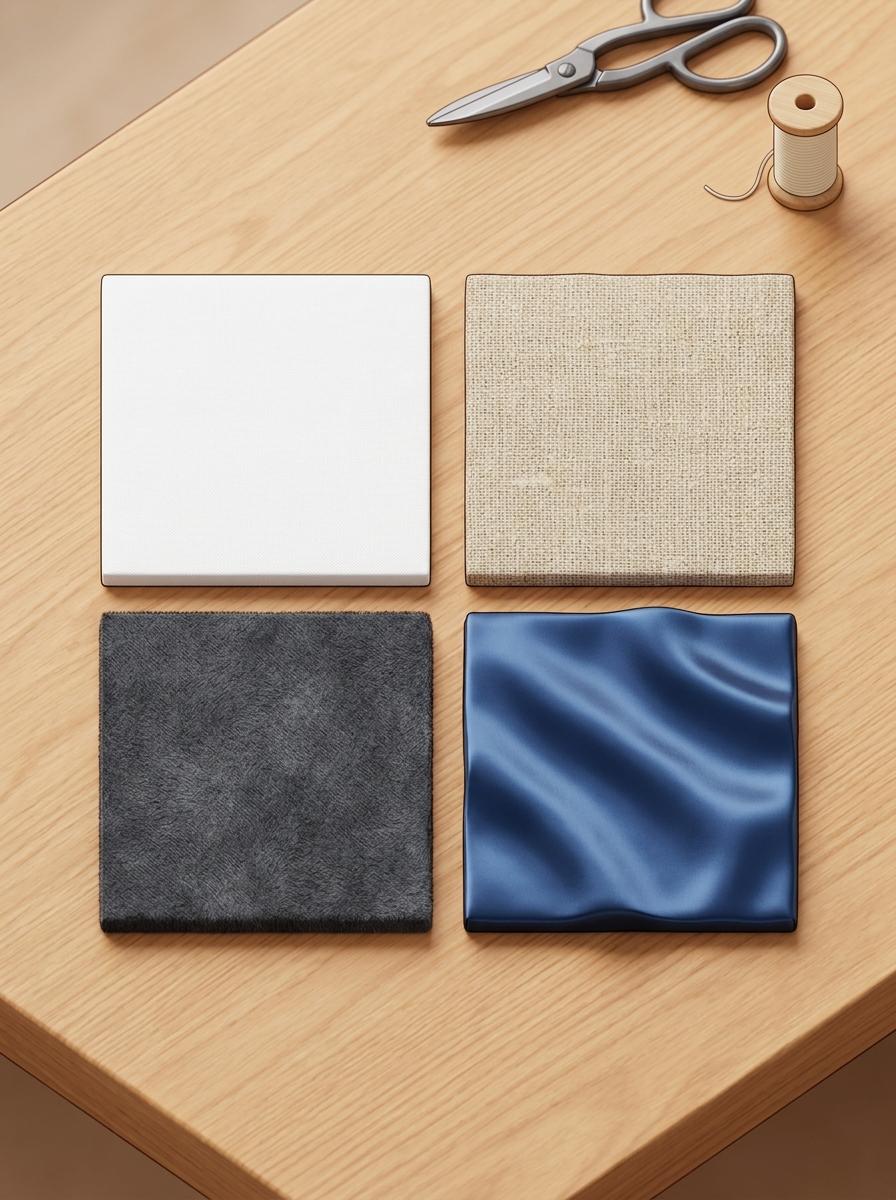 Illustration isométrique vue de dessus montrant des échantillons de tissus comparant lin, percale, flanelle et satin.