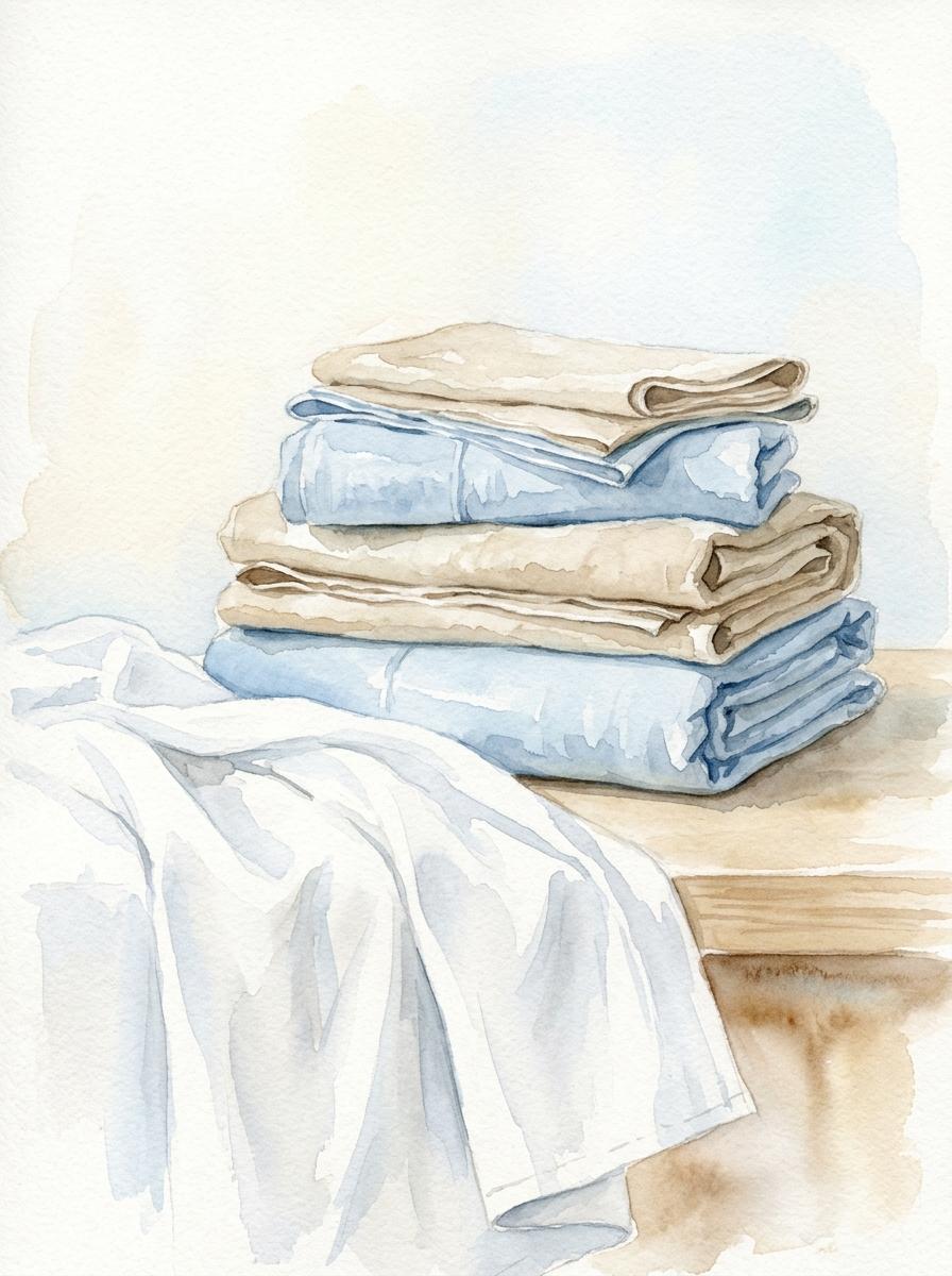 Illustration à l'aquarelle de draps d'été pliés dans des tons frais de blanc, de bleu clair et de sable.