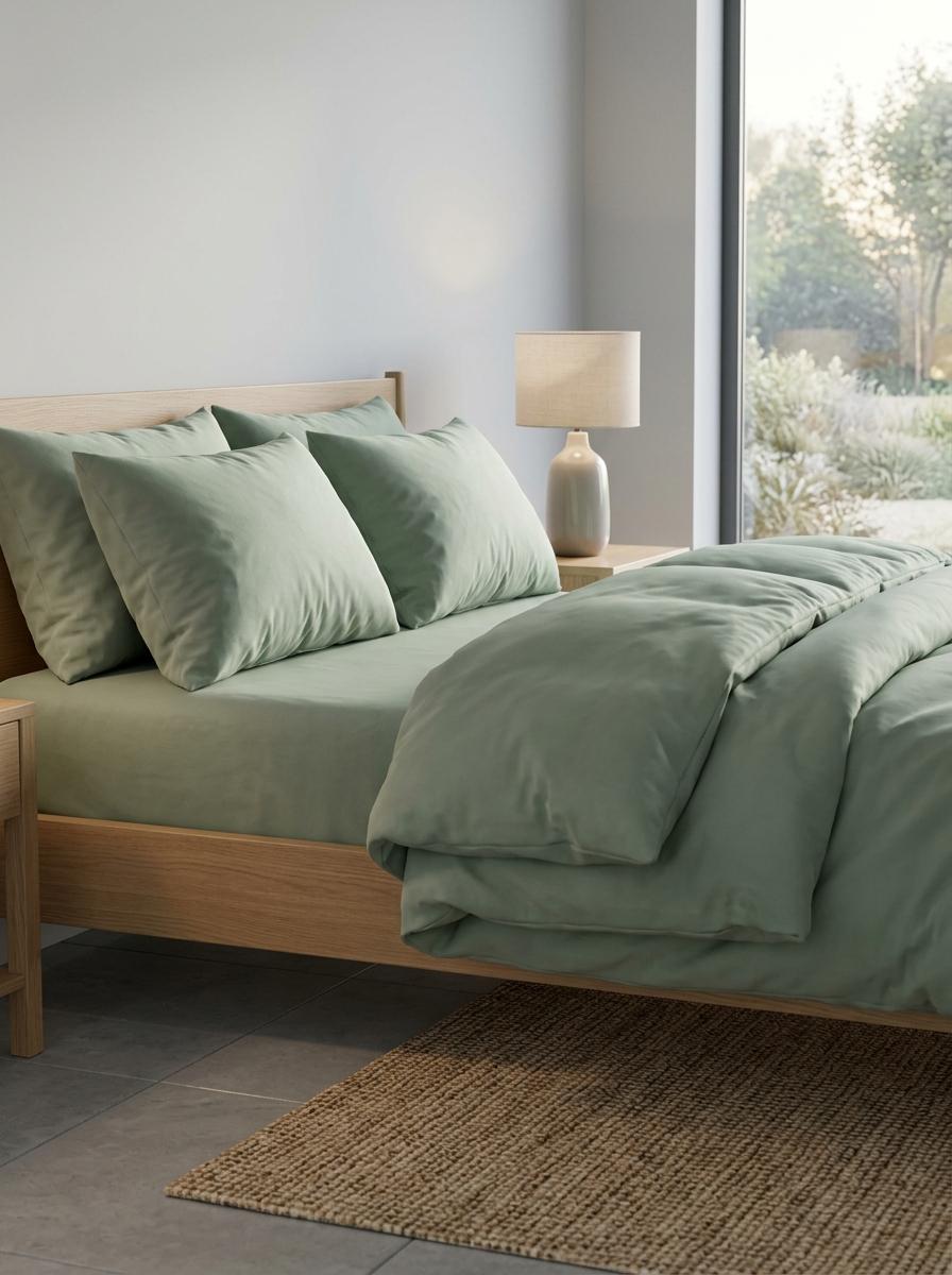 Un lit parfaitement fait avec une literie luxueuse et confortable dans une chambre sereine et minimaliste.