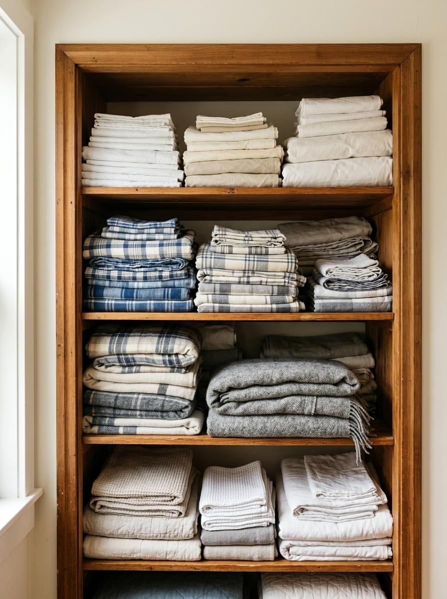 Une armoire à linge bien organisée avec des piles de draps d'été légers et de draps d'hiver épais sur des étagères séparées.
