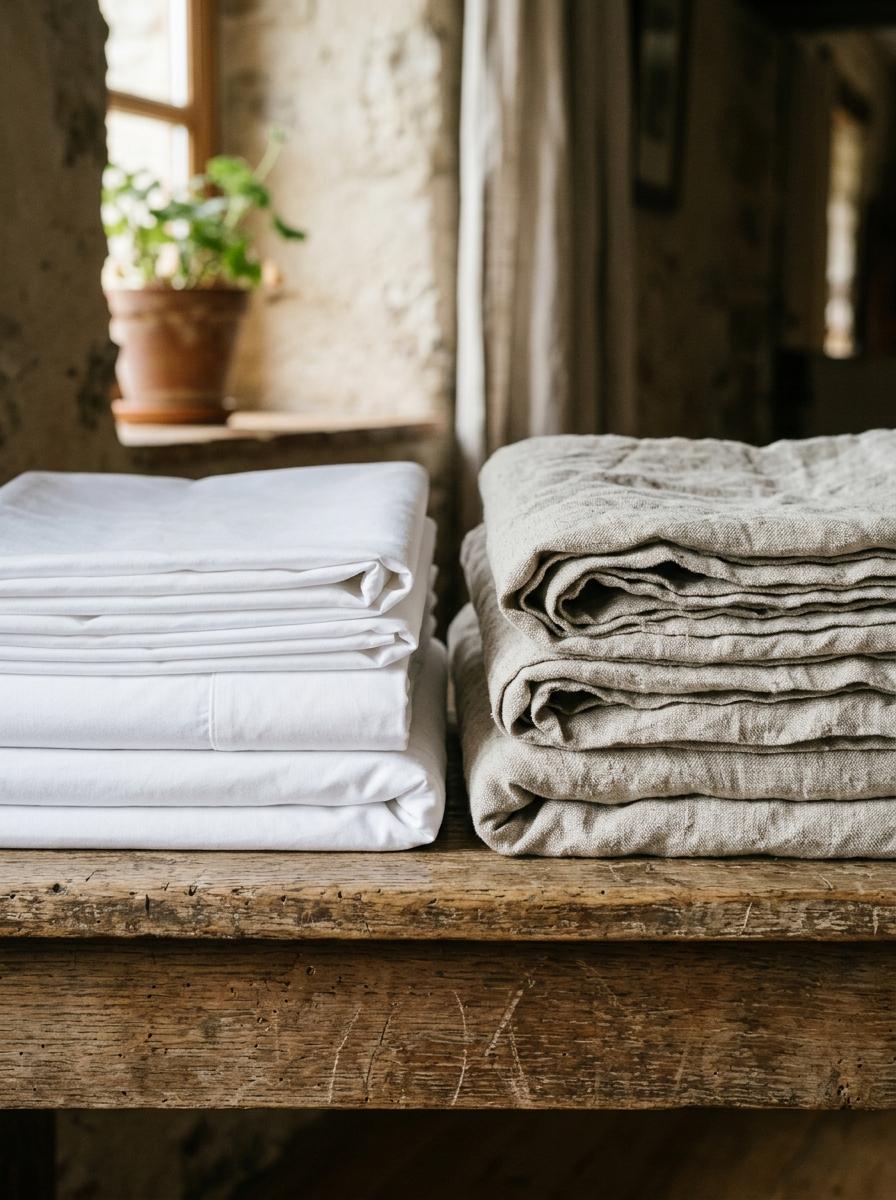 Deux piles de linge de maison plié : l'une en coton blanc et lisse, l'autre en lin brut de couleur naturelle, comparant les textures.