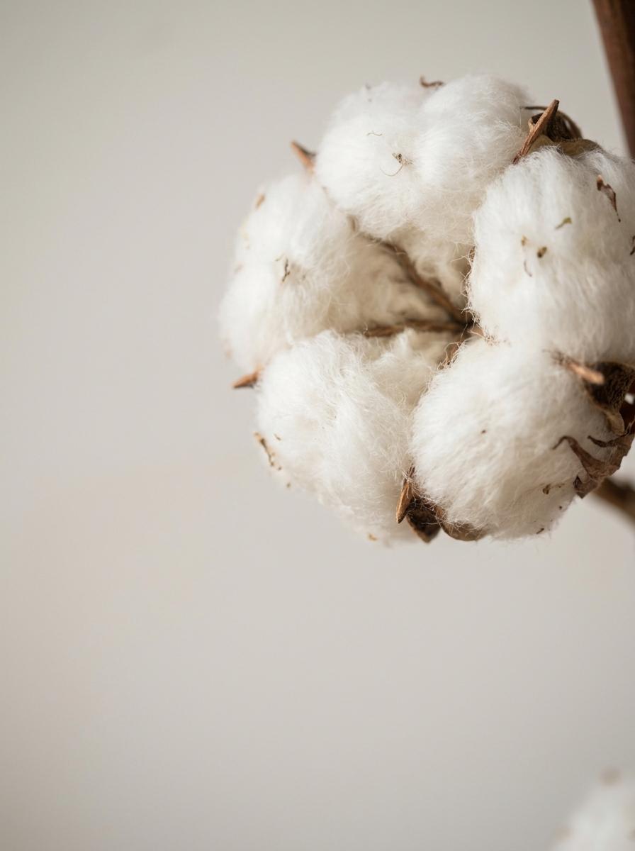 Gros plan macro sur une capsule de coton biologique brute, montrant la texture douce et pure des fibres naturelles.