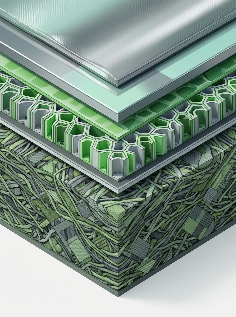 Illustration isométrique montrant une coupe transversale d'un textile innovant et durable avec plusieurs couches fonctionnelles.