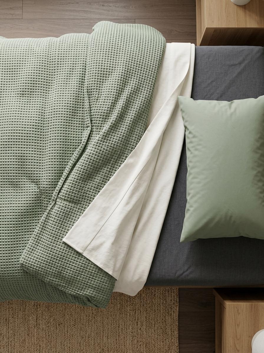 Vue de dessus d'un coin de lit, montrant des couches de draps et une couette de couleurs et textures harmonieuses.
