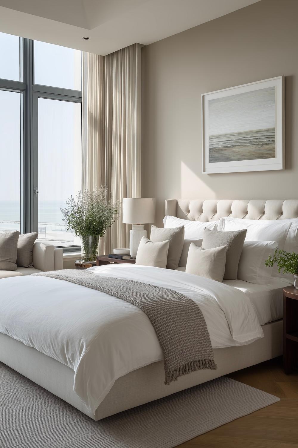 chambre beige lumineuse lit capitonné vue mer