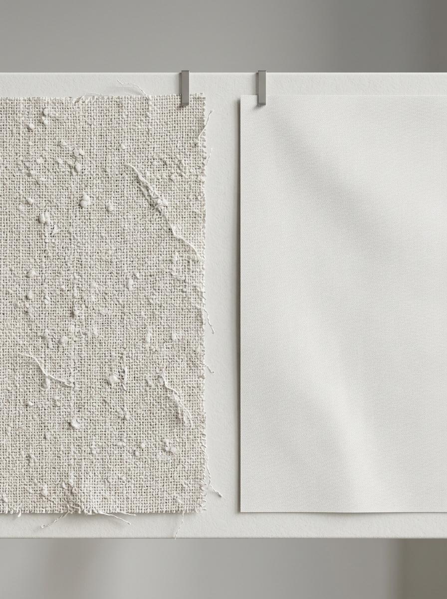 Comparaison visuelle entre un tissu de coton de mauvaise qualité, rêche et bouloché, et un tissu de percale lisse et parfait.