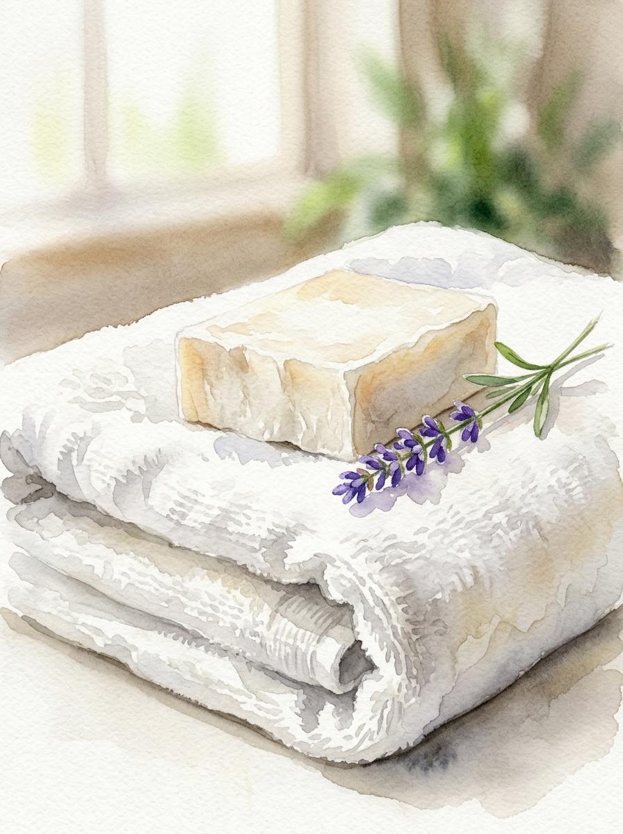 Illustration à l'aquarelle d'un pain de savon naturel posé sur une serviette blanche douce, évoquant le soin et la douceur.