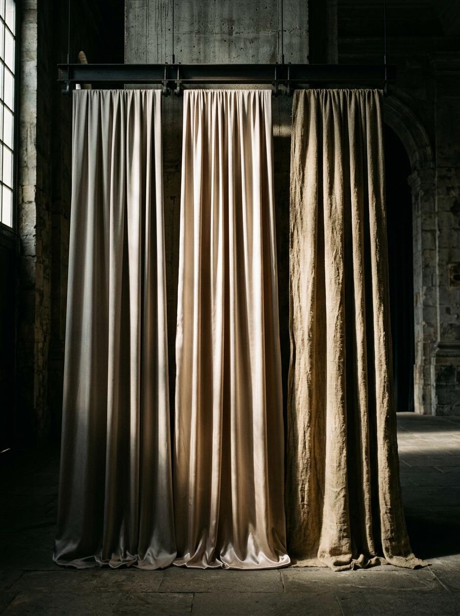 Plusieurs pans de tissus alternatifs (satin, lin, Tencel) suspendus côte à côte, éclairés pour révéler leurs textures distinctes.