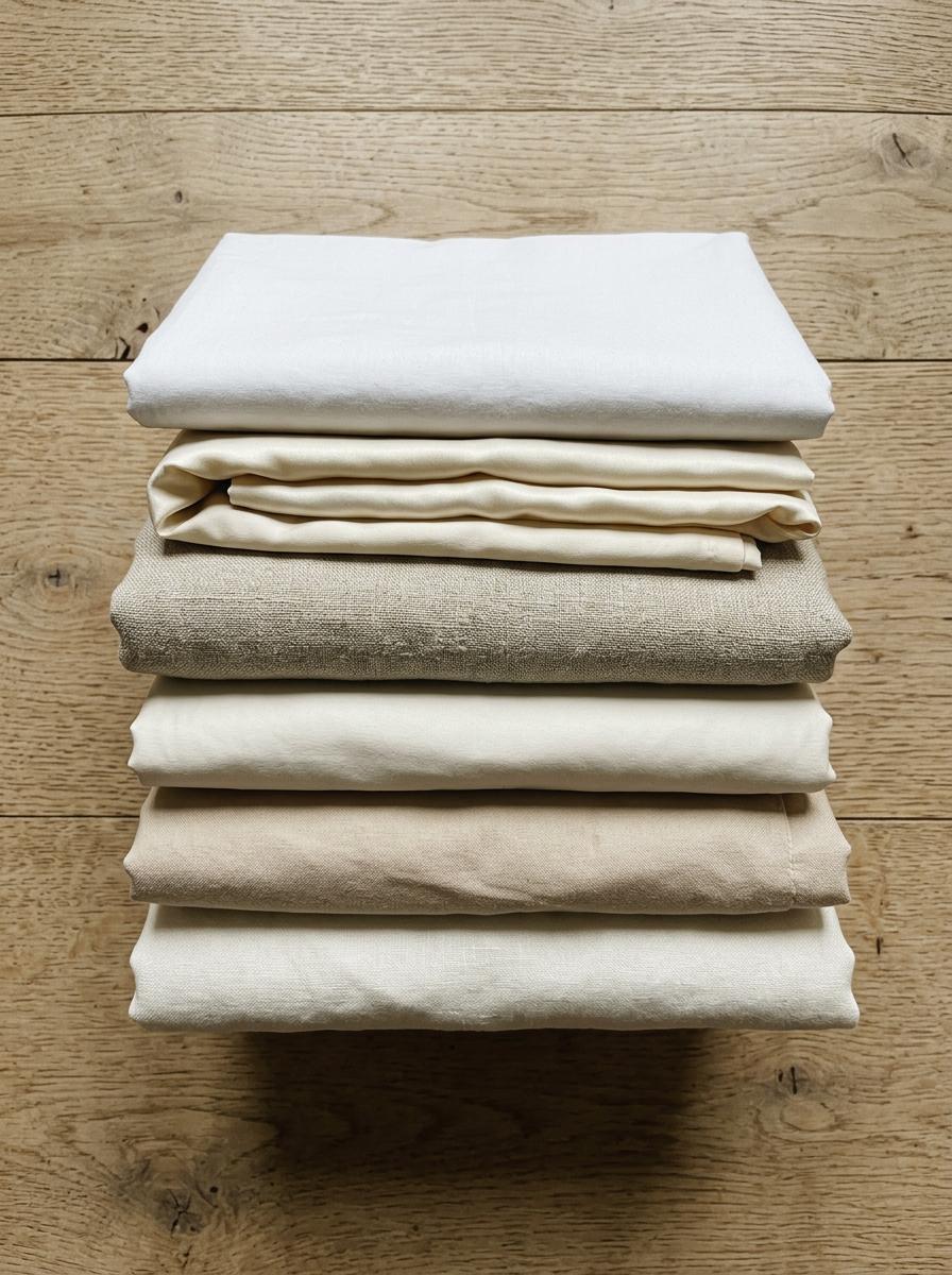 Vue de dessus d'une pile de draps de lit de différentes textures (percale, satin, lin) soigneusement pliés sur une surface en bois.