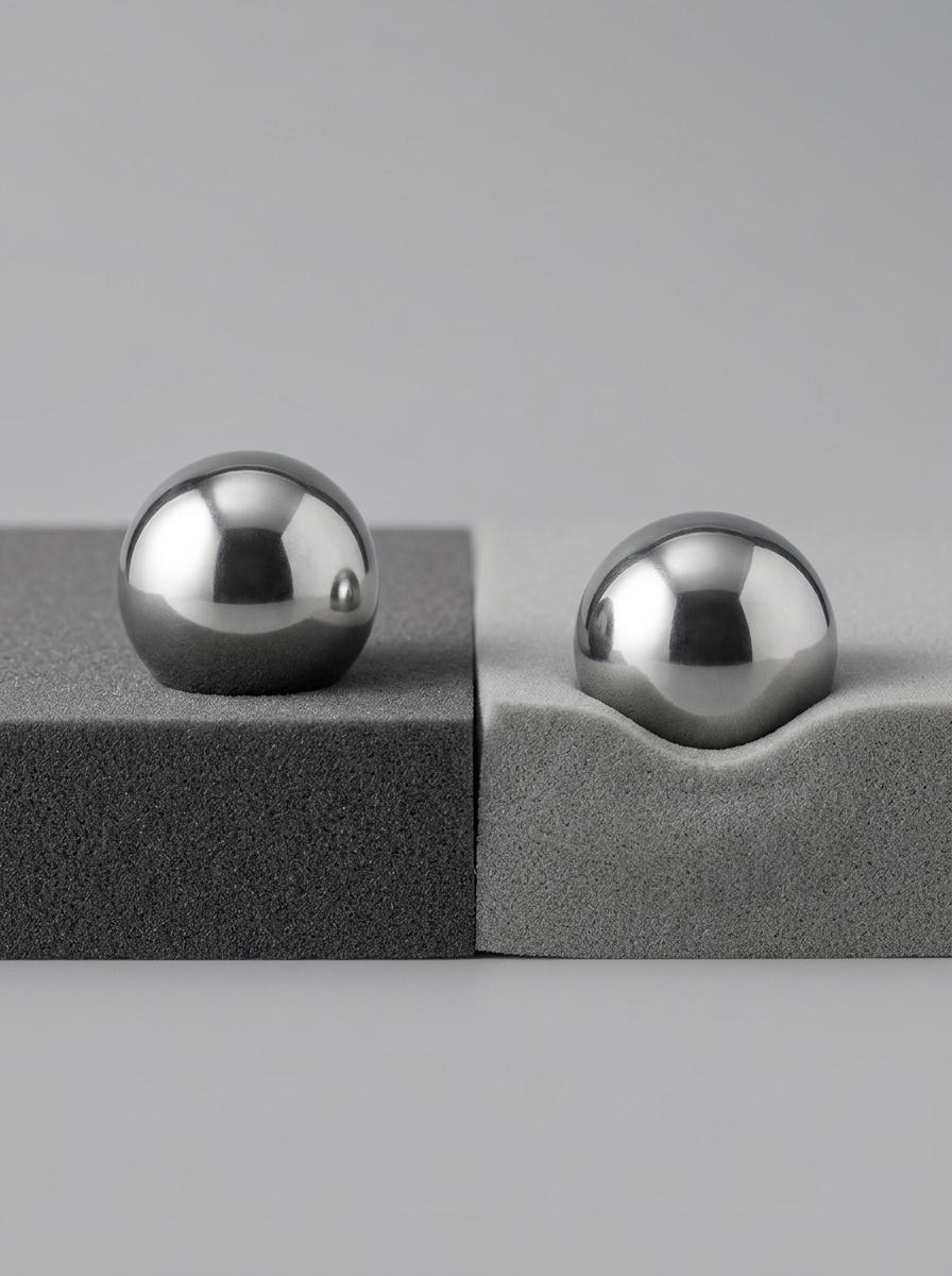 Comparaison de deux blocs de mousse : l'un est rigide, l'autre épouse la forme d'un objet lourd, montrant la différence entre fermeté et soutien.