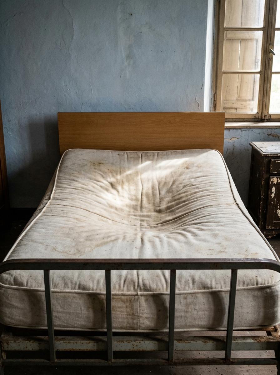 Un vieux matelas affaissé au centre, illustrant un manque de soutien et l'effet 'hamac'.