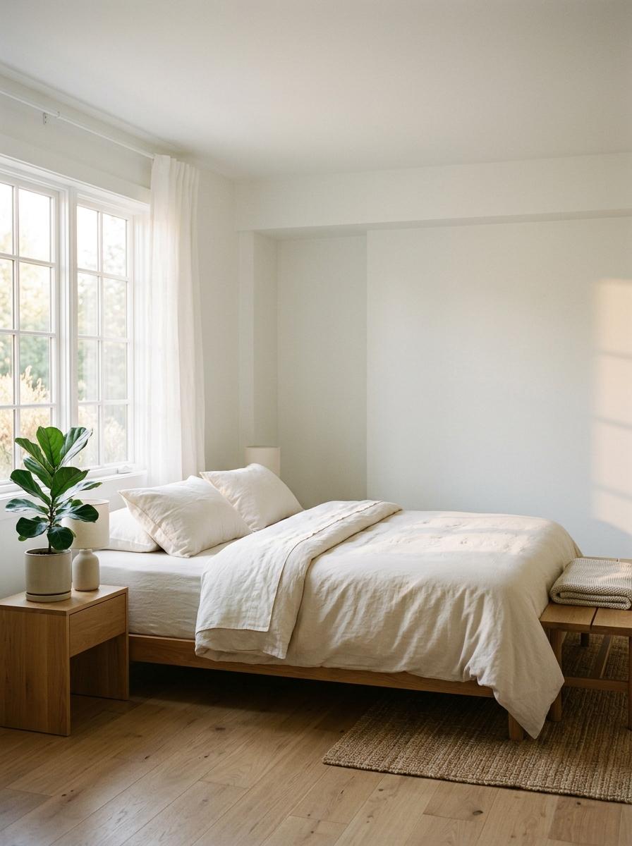 Une chambre à coucher sereine et lumineuse avec un lit parfaitement fait, évoquant le confort et des nuits réparatrices.