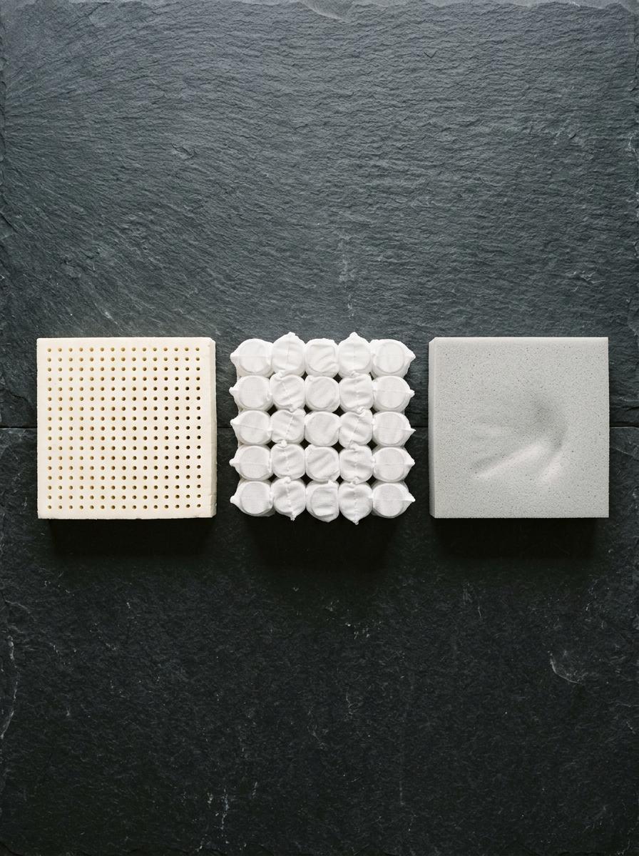 Vue de dessus de trois échantillons de technologies de matelas : mousse à mémoire de forme, latex perforé et ressorts ensachés.