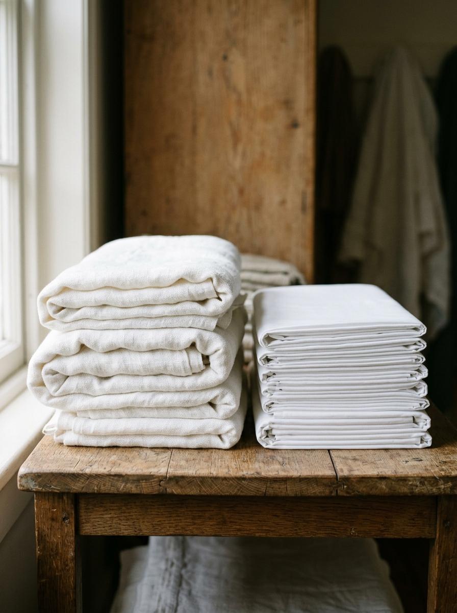 Deux piles de draps pliés, une plus épaisse (grammage élevé) et une plus fine (tissage serré), pour illustrer la différence de densité.