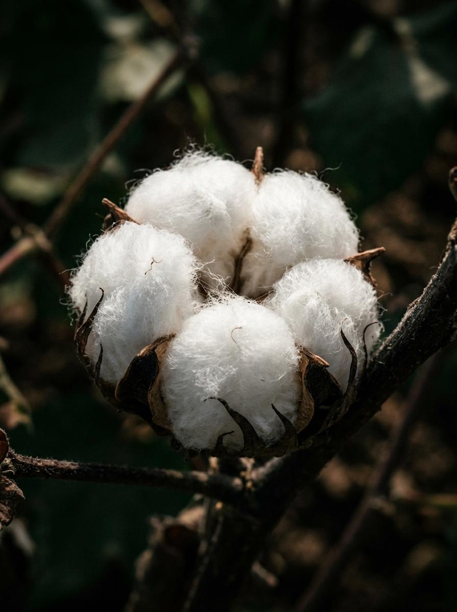 Photo macro d'une fleur de coton parfaite et pure, symbolisant l'origine naturelle et la qualité certifiée des fibres.