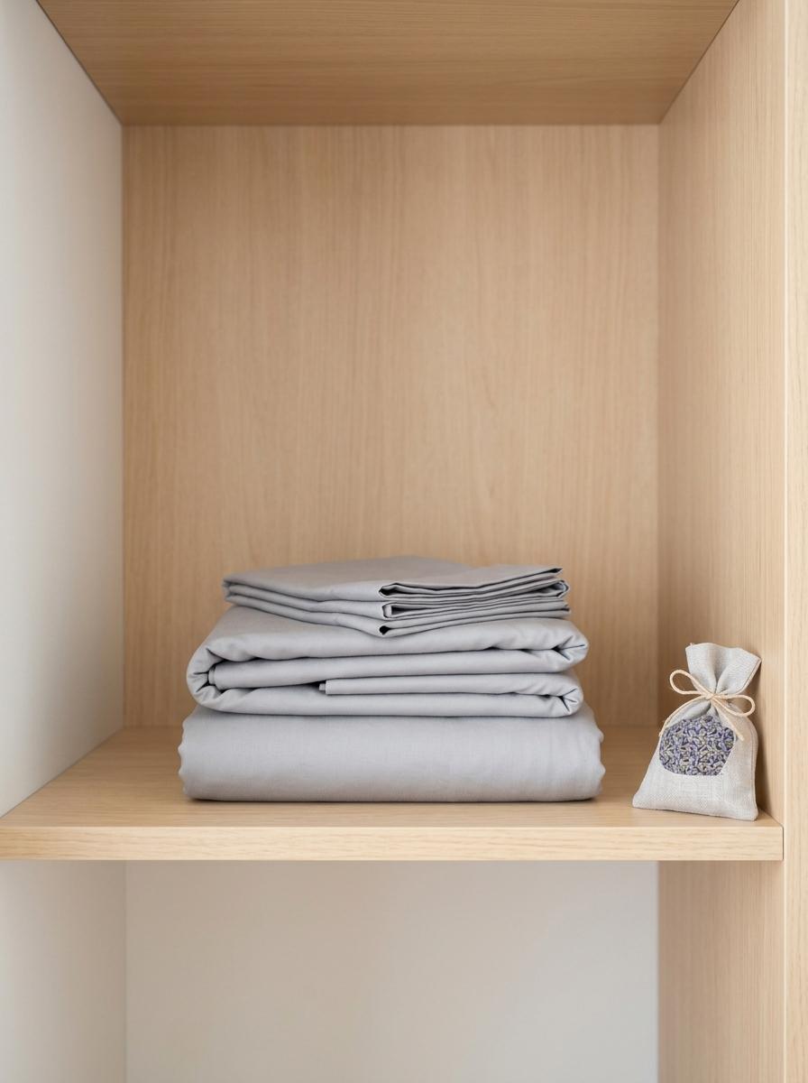 Un ensemble de draps de qualité, soigneusement plié sur une étagère en bois, représentant un achat réfléchi et réussi.