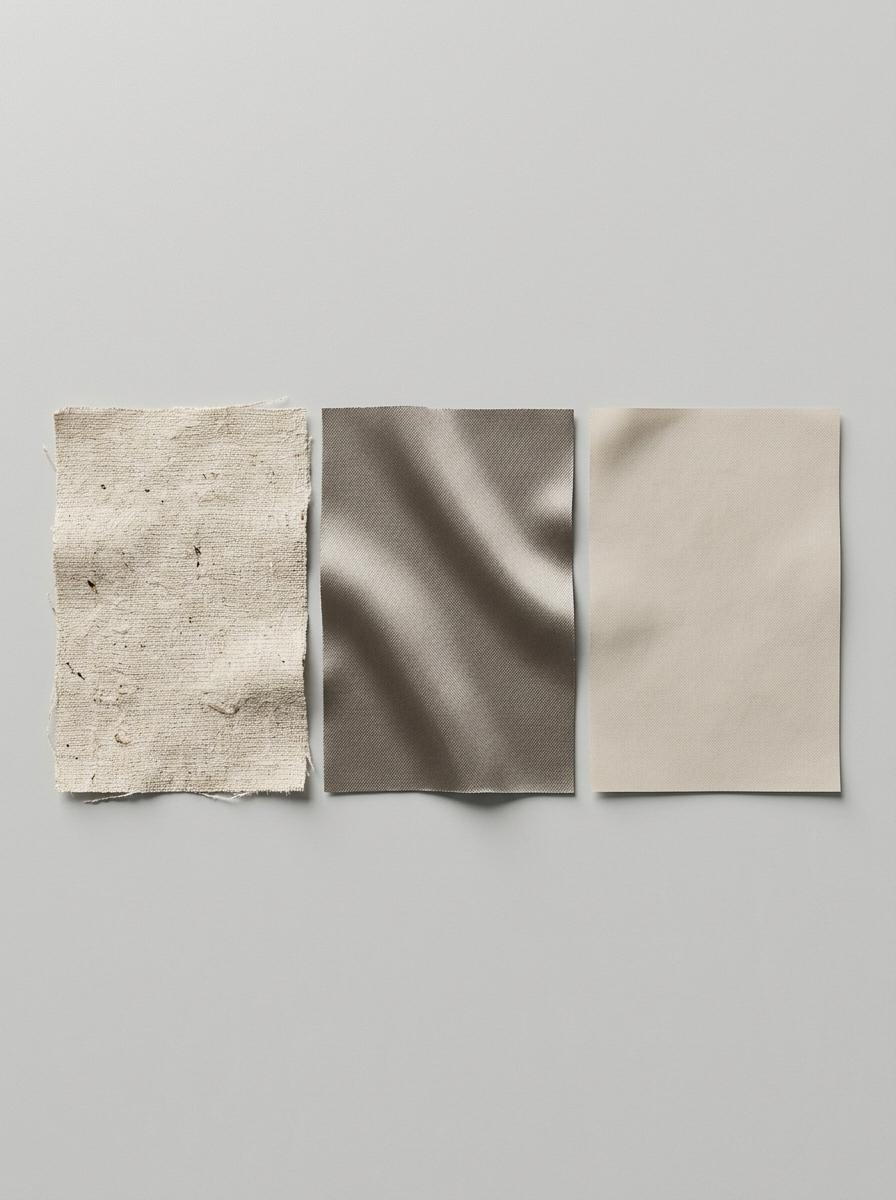 Vue de dessus de trois échantillons de tissu illustrant la fibre, le tissage et la finition, les trois piliers de la qualité.