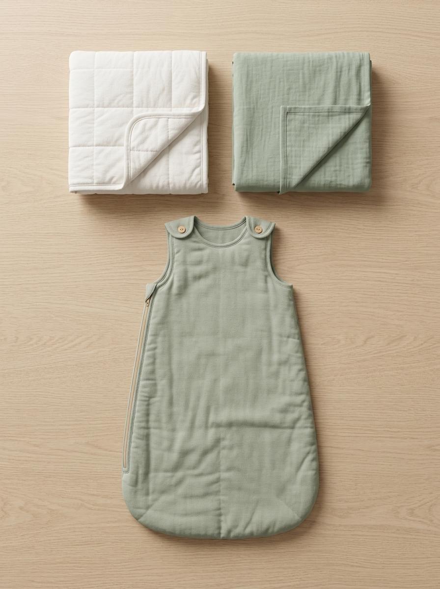 Vue de dessus d'un ensemble de literie pour bébé bio : protège-matelas, drap-housse et gigoteuse, soigneusement disposés.