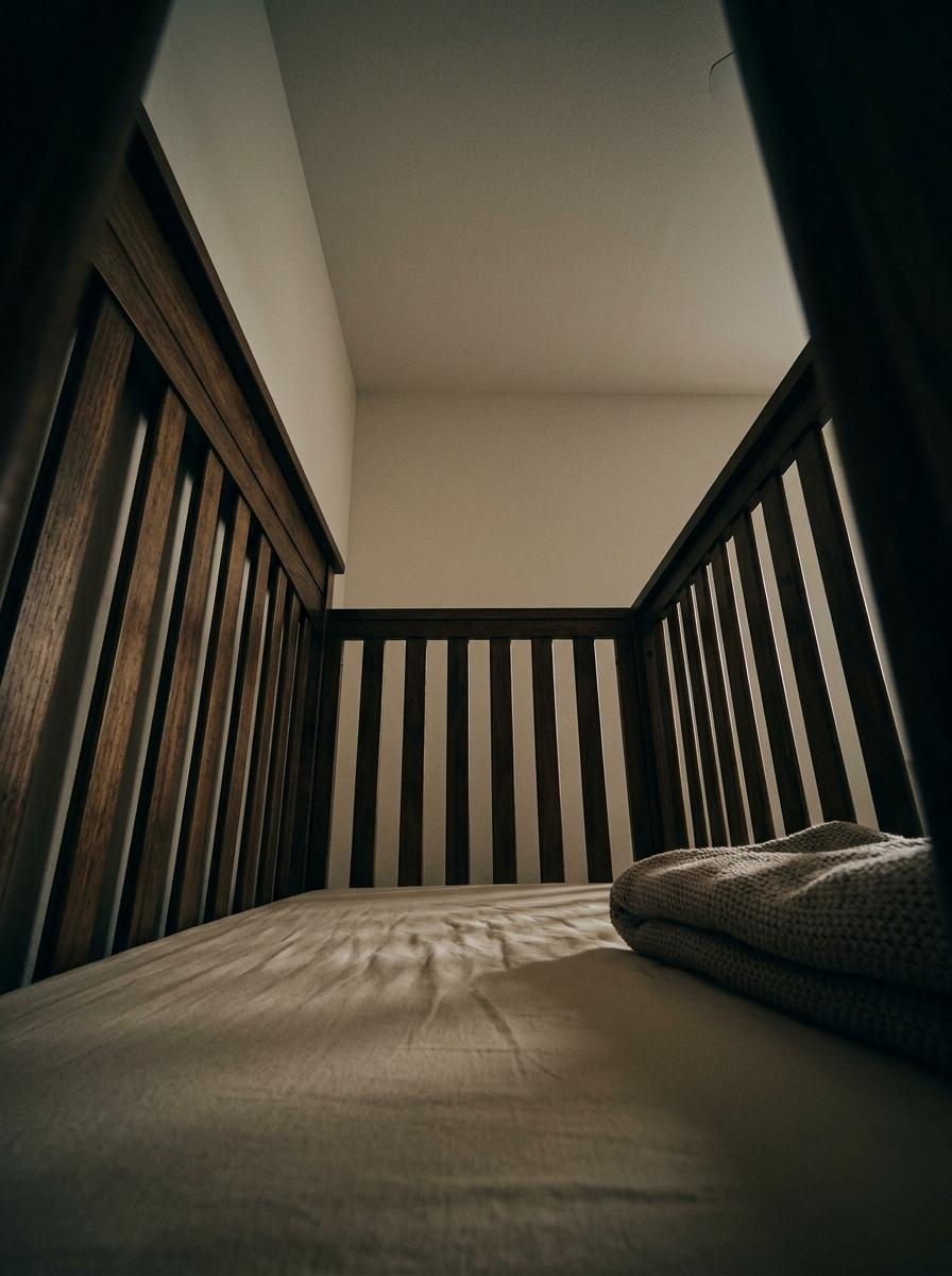 Vue en contre-plongée depuis l'intérieur d'un lit de bébé entièrement préparé, créant un sentiment de sécurité et de cocon.