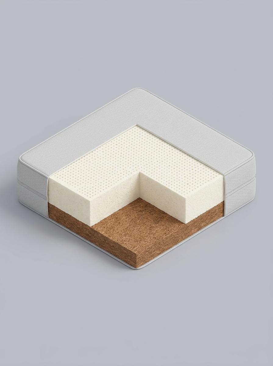 Illustration isométrique montrant une coupe transversale d'un matelas pour bébé avec des couches de fibre de coco et de latex naturel.