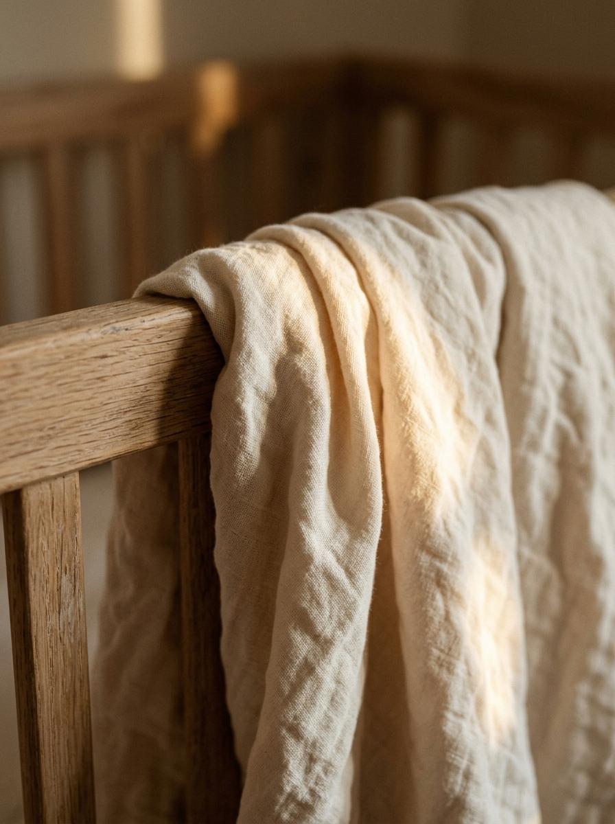 Gros plan d'une couverture de bébé en coton bio douce et fraîchement lavée, baignée par la lumière chaude du soleil.