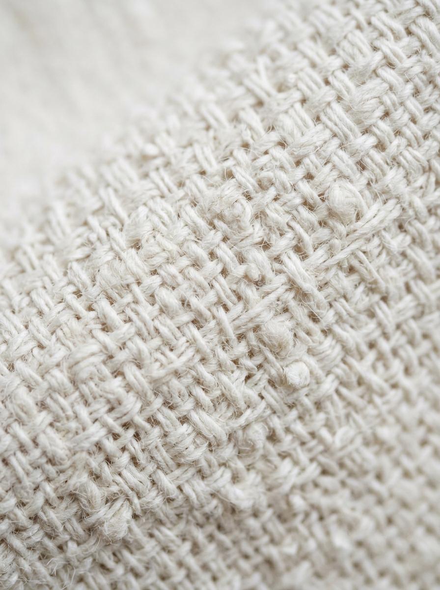 Macro-photographie de la texture d'un tissu en coton biologique blanc, montrant les fibres naturelles.