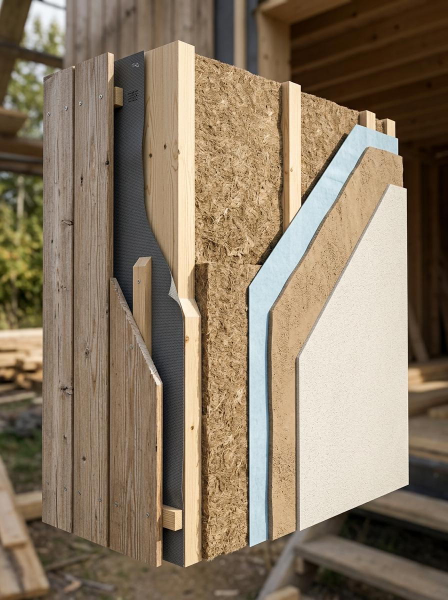 Coupe 3D d'un mur de maison écologique, montrant les couches d'isolation en fibre de bois entre une ossature en bois.