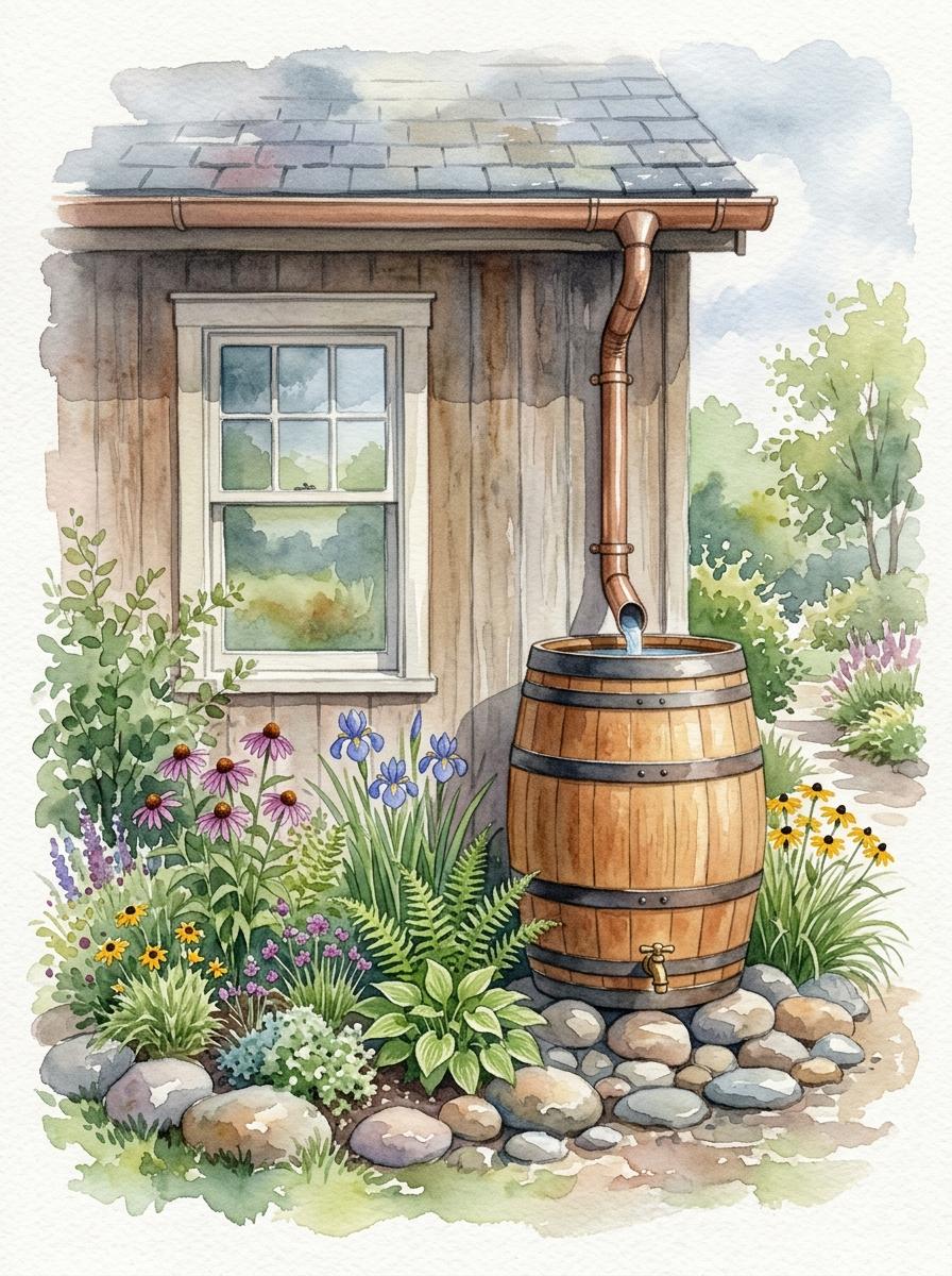 Illustration à l'aquarelle d'un récupérateur d'eau de pluie design à côté d'un jardin de pluie luxuriant.