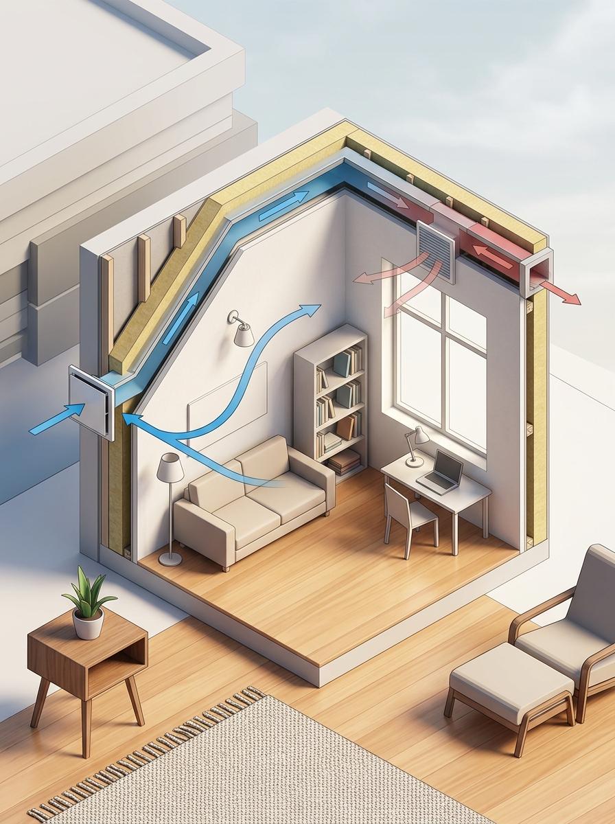 Illustration isométrique montrant le flux d'air d'un système de ventilation contrôlée dans une pièce, avec de l'air frais entrant et de l'air vicié sortant.
