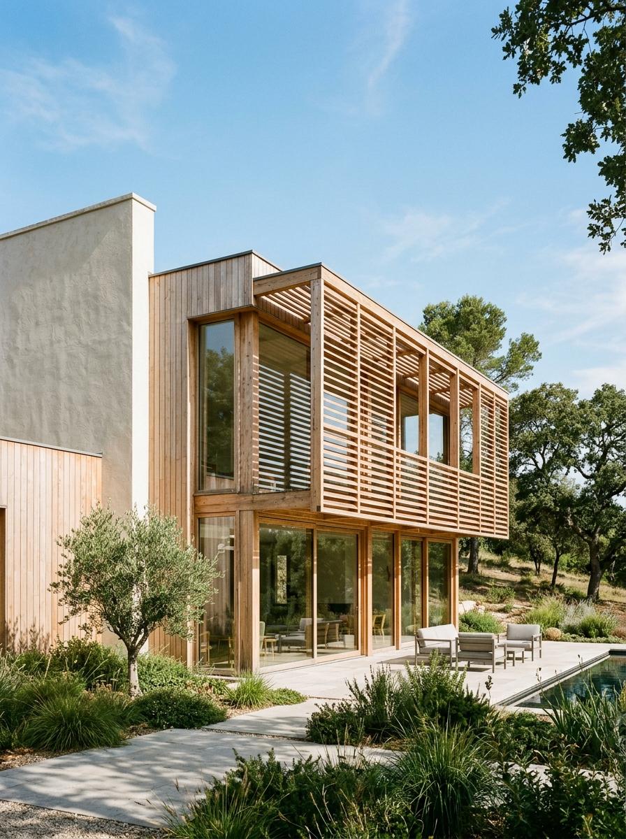 Façade d'une maison bioclimatique avec de grandes baies vitrées orientées au sud et des brise-soleil en bois, montrant une conception intelligente.