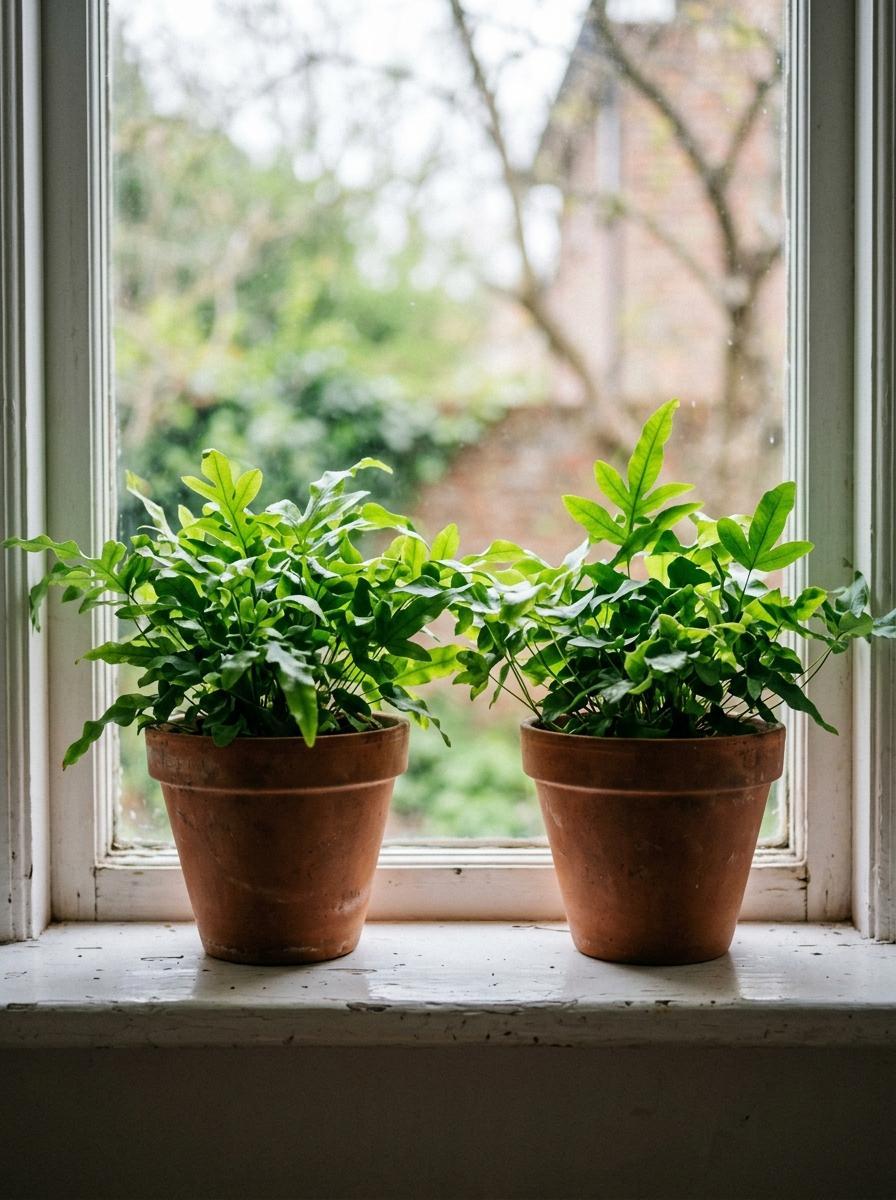 Deux plantes d'intérieur vertes dans des pots en terre cuite, placées symétriquement sur un rebord de fenêtre, pour un confort durable.