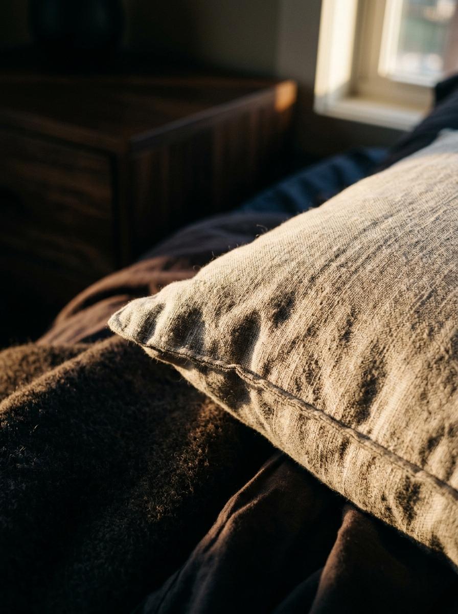 Gros plan sur un oreiller avec une taie en lin naturel, baigné dans la lumière chaude et apaisante du soleil couchant.