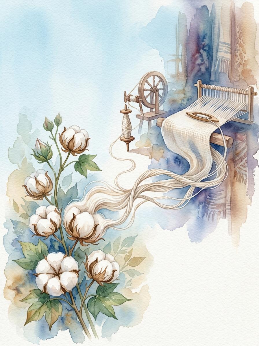 Illustration aquarelle montrant la transformation de la plante de coton en fil, puis en tissu, représentant le cycle de vie.