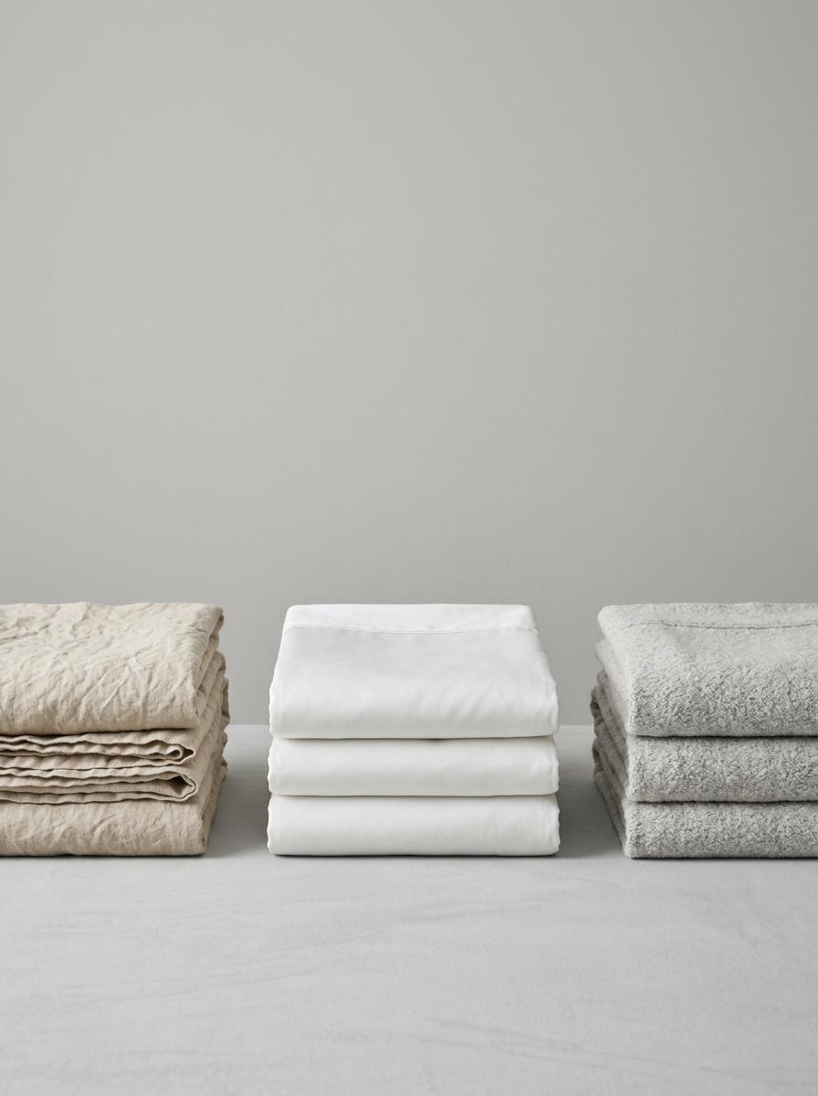 Trois piles de linge de lit éco-responsable, soigneusement pliées, montrant des textures et des couleurs naturelles distinctes.
