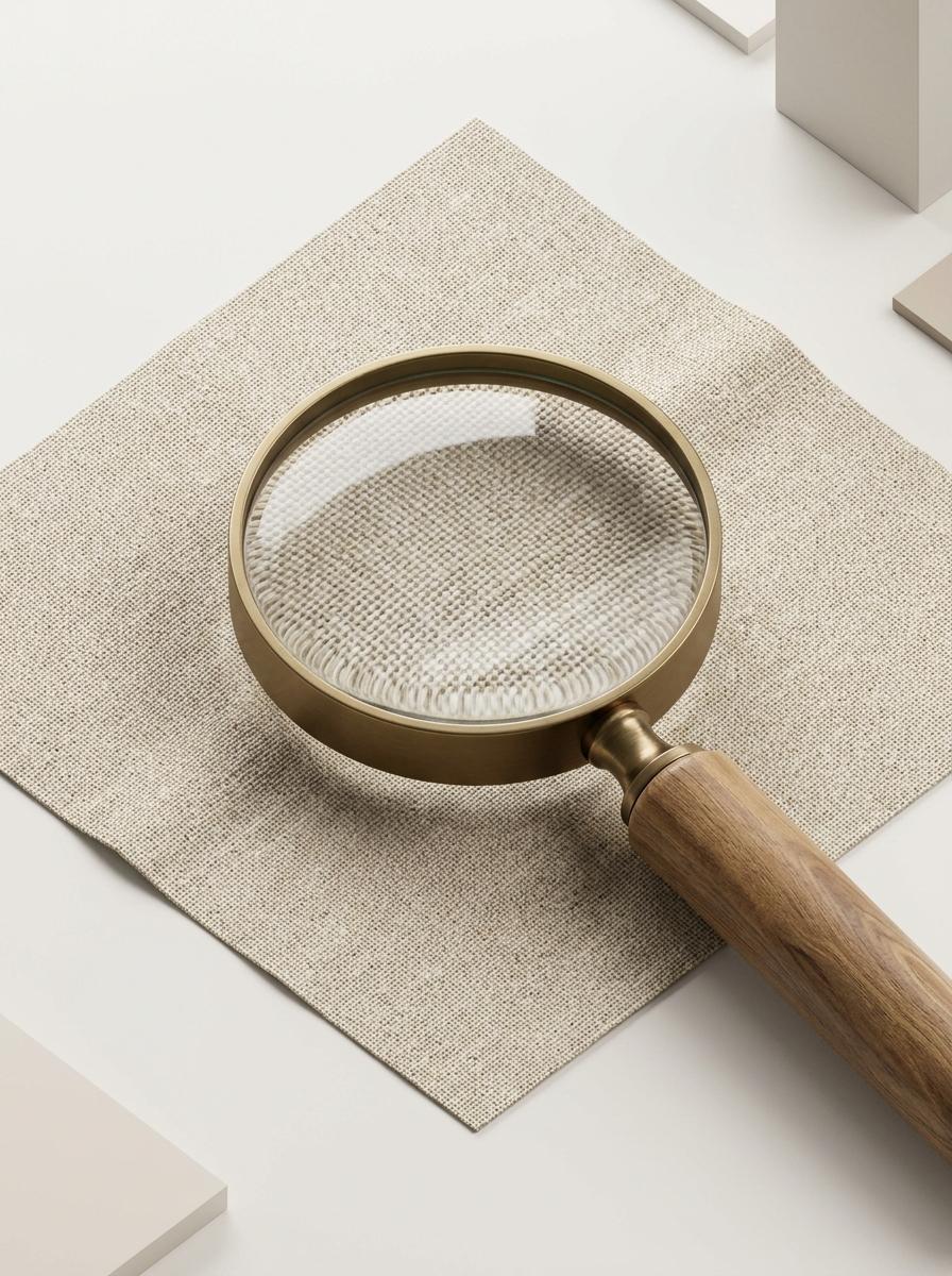 Illustration isométrique d'une loupe examinant un échantillon de tissu, symbolisant la vérification d'un label.