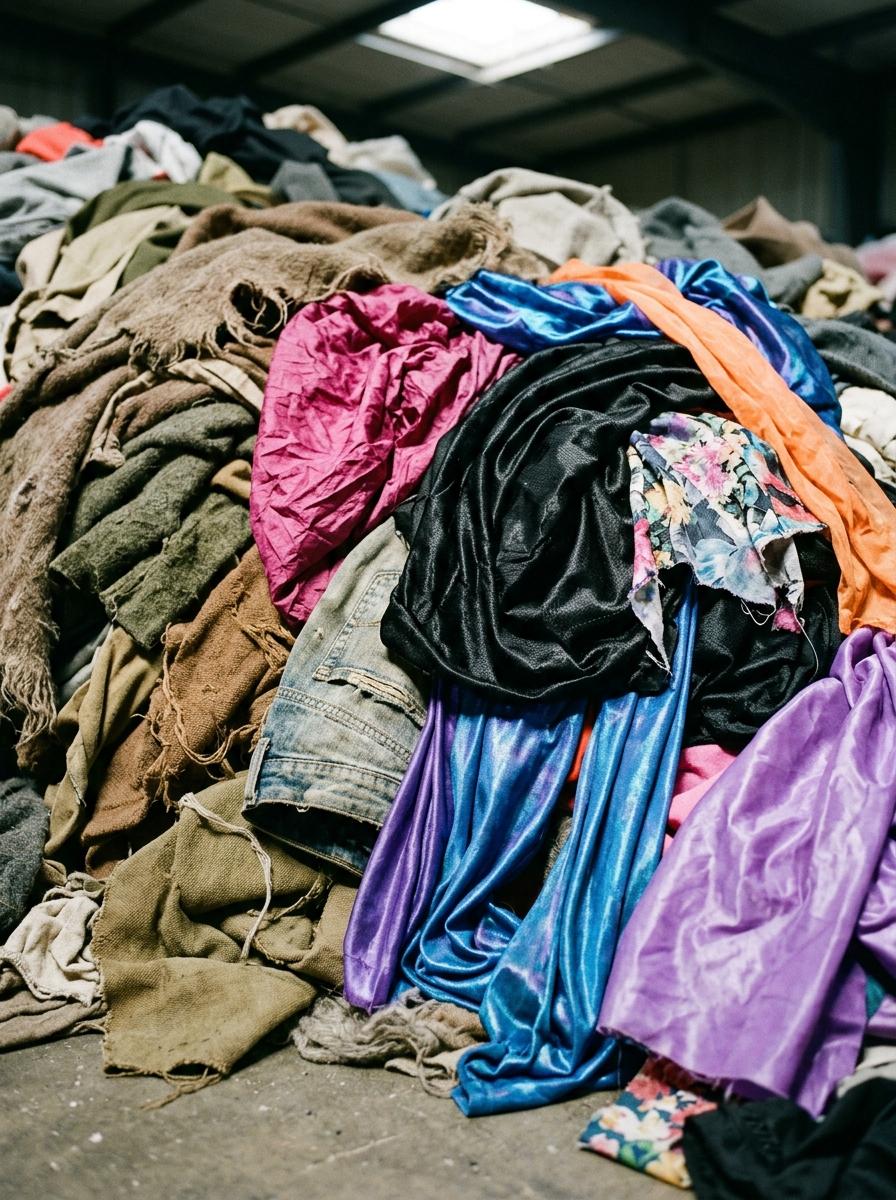 Un tas désordonné de tissus de différentes textures et couleurs vives, symbolisant la confusion du greenwashing.