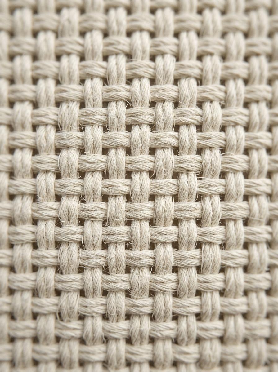 Vue macroscopique de la trame d'un tissu en coton biologique, montrant la haute qualité des fibres.