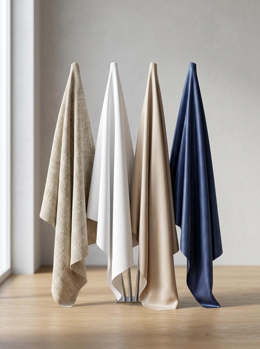 Comparaison de quatre textures de tissus différents : lin, percale de coton, Tencel et bambou, disposés en éventail.