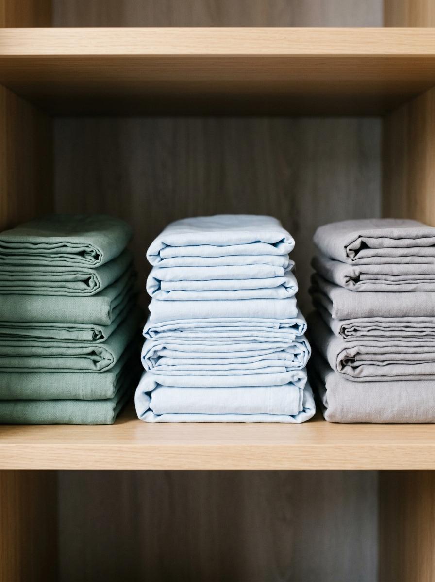 Piles de draps de lit propres et pliés, rangées de manière ordonnée sur une étagère en bois, dans des tons apaisants.