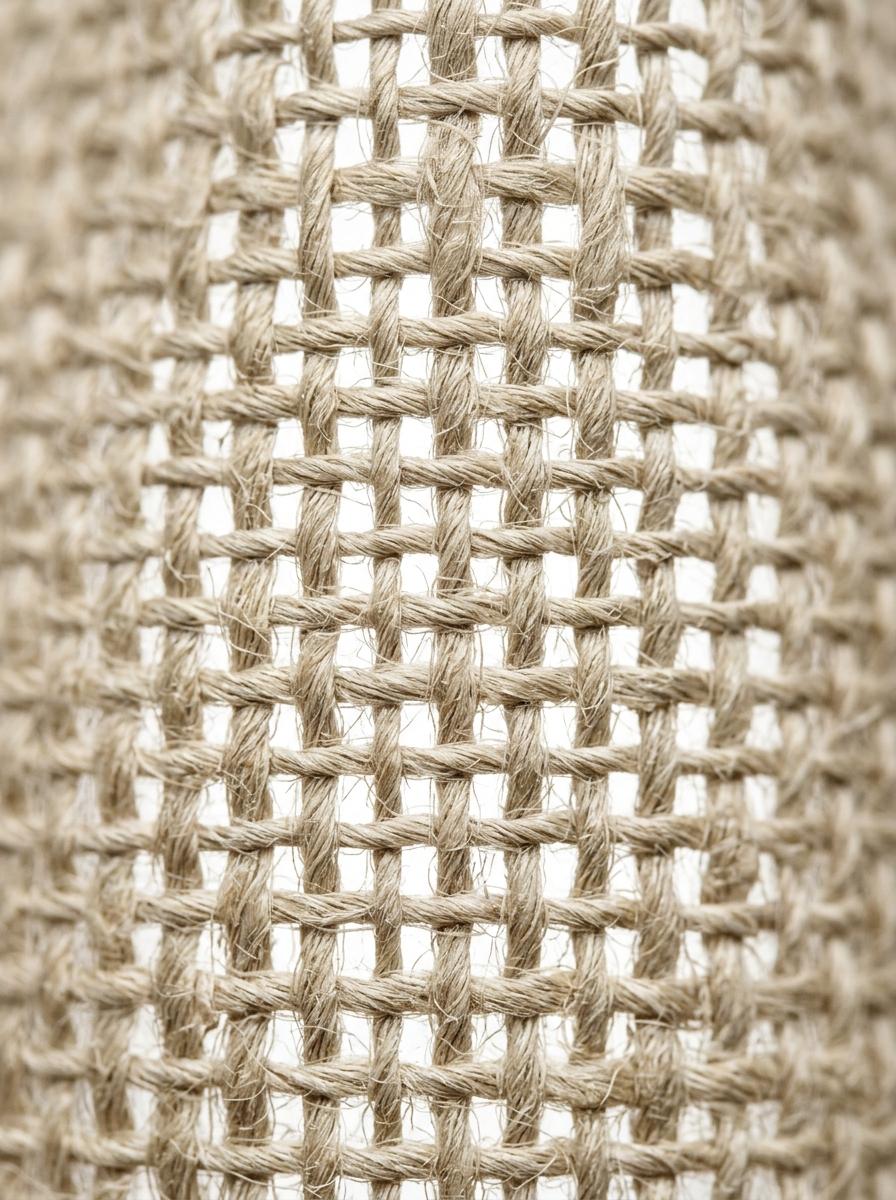 Gros plan macro sur la texture aérée et le tissage ouvert d'un tissu en lin naturel, montrant sa respirabilité.