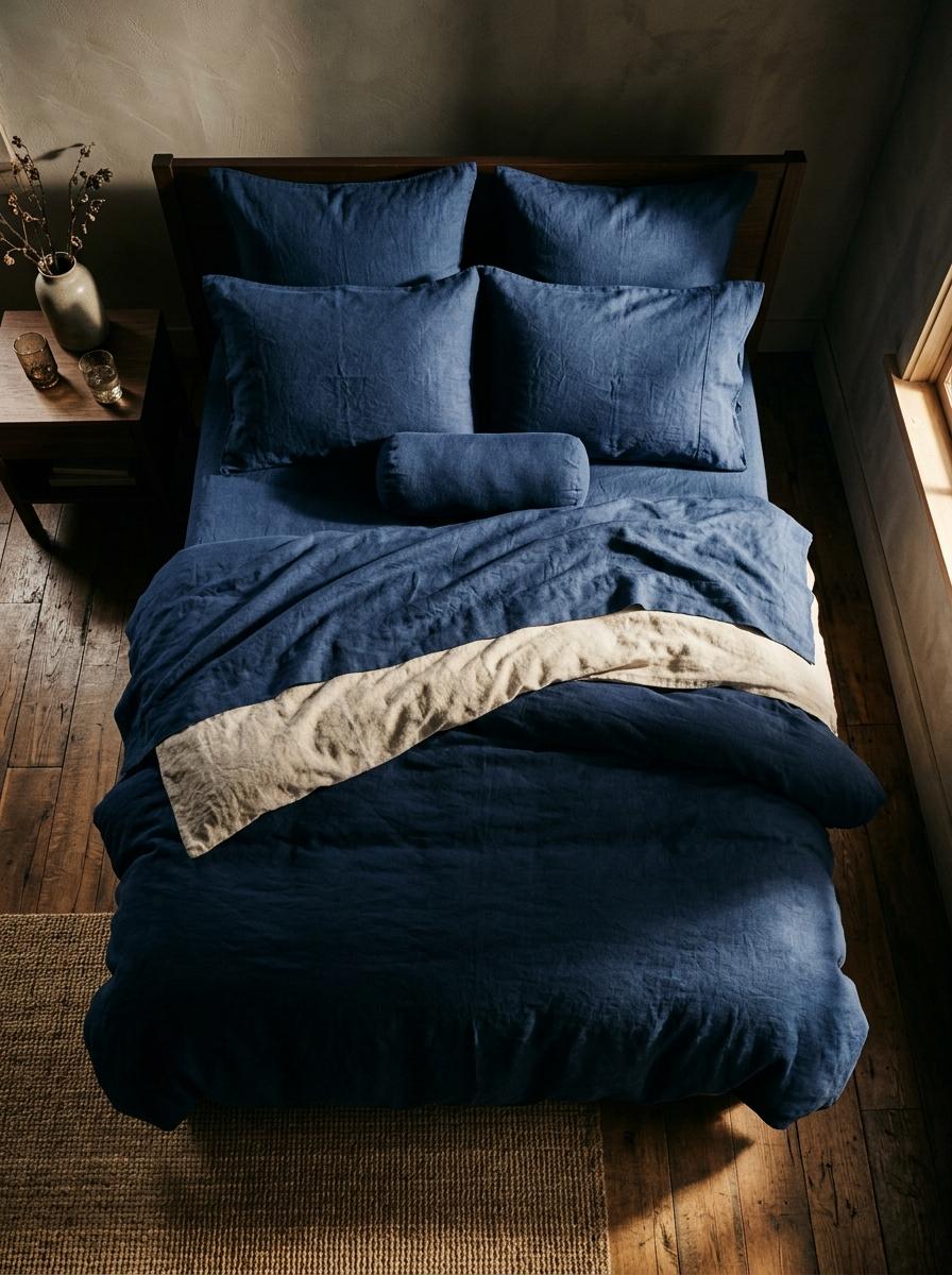 Vue plongeante d'un lit parfaitement fait avec des draps en lin de luxe, baigné dans une lumière chaude et accueillante.