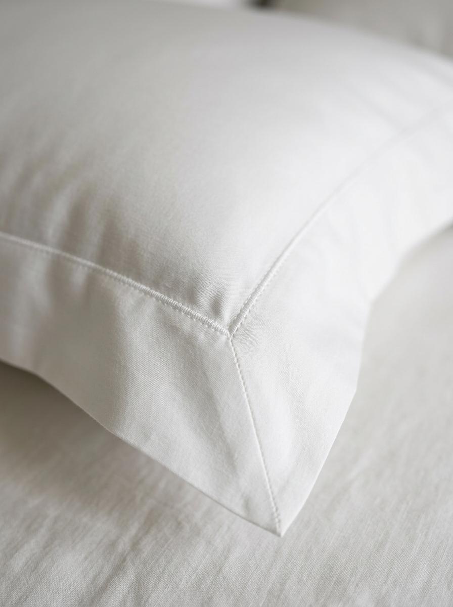 Gros plan sur la couture impeccable et le tissage serré du coin d'une taie d'oreiller en coton de haute qualité.