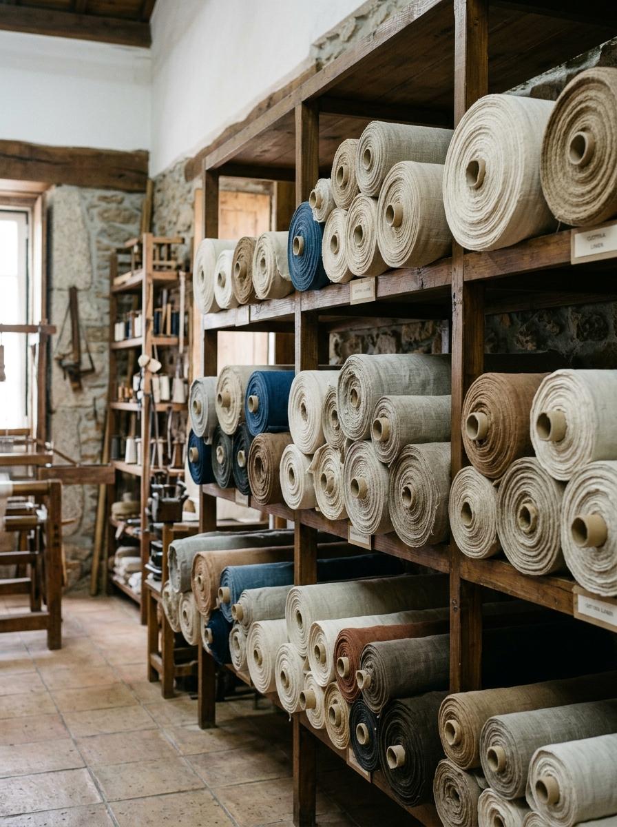 Rouleaux de tissus en coton et en lin de haute qualité empilés sur des étagères dans un atelier textile traditionnel.