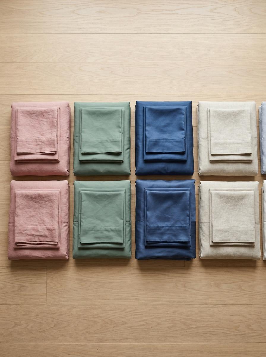 Vue de dessus de plusieurs parures de lit pliées dans des couleurs et textures variées, comme le rose poudré et le vert eucalyptus.