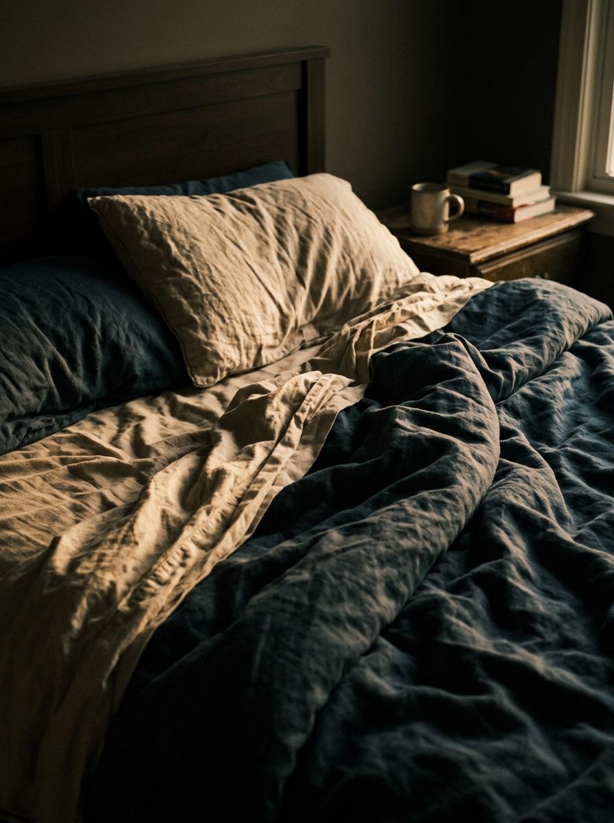 Vue en contre-plongée d'un lit avec des couches de linge de lit confortables en lin bleu et beige, baignées par la lumière du soleil.