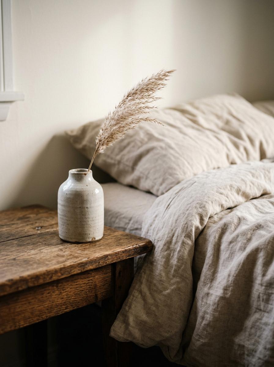 Gros plan sur une table de chevet en bois avec un vase en céramique, à côté d'un lit avec une couette en lin beige pour illustrer les finitions.