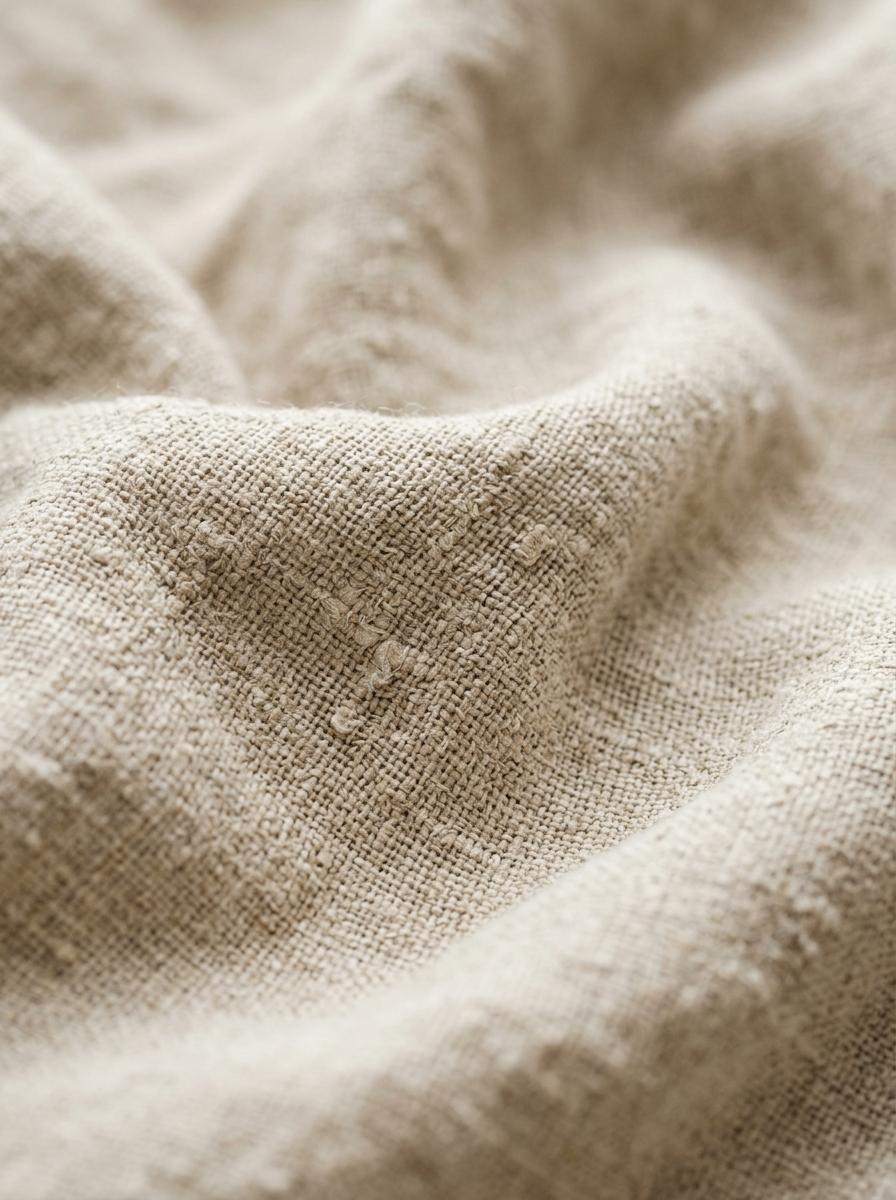 Macro-photographie de la texture d'un tissu en lin lavé naturel, montrant les fibres et l'aspect légèrement froissé.